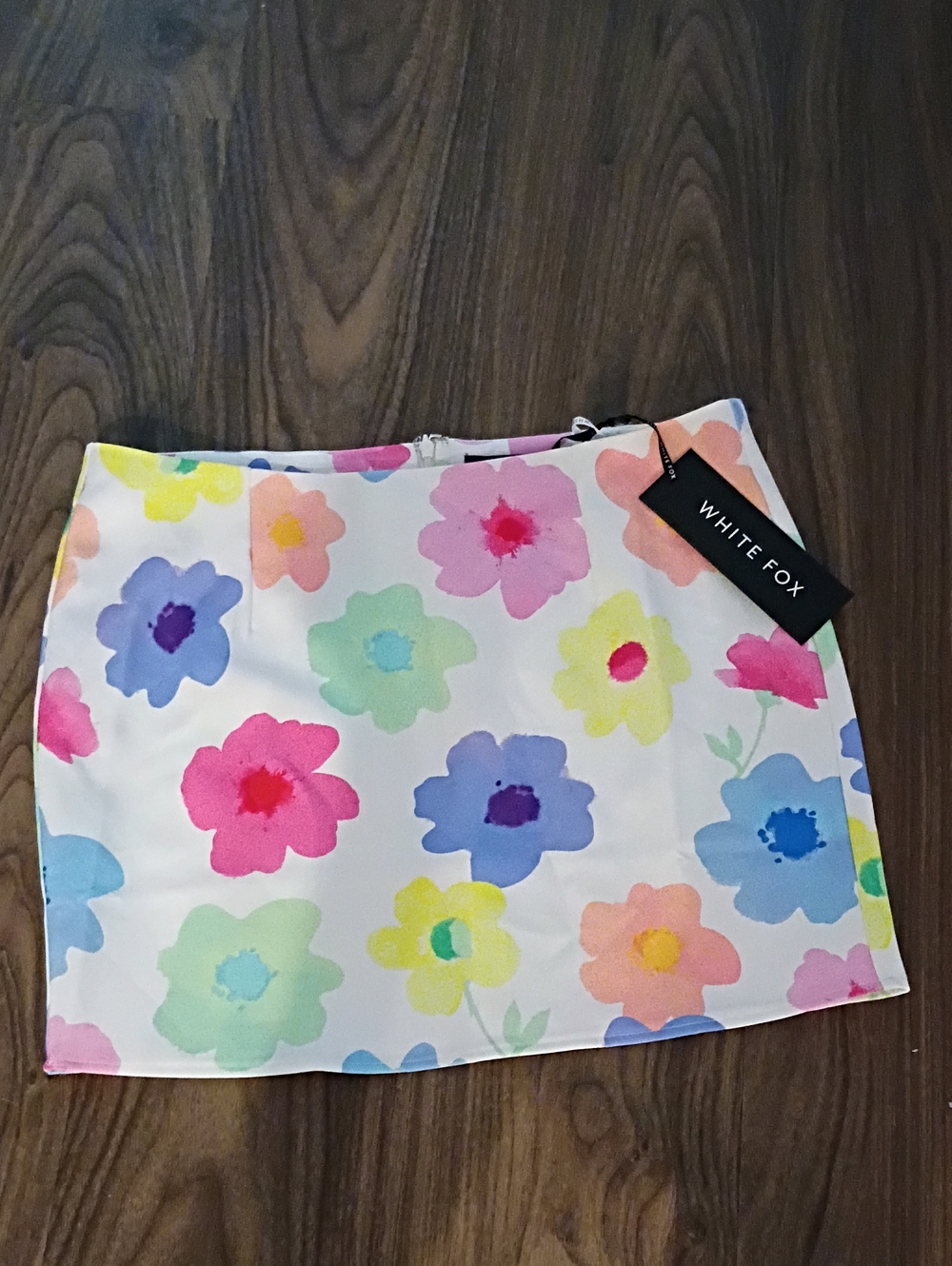 NWT White Fox Boutique White Mini Skirt with Multicolor Watercolor Florals